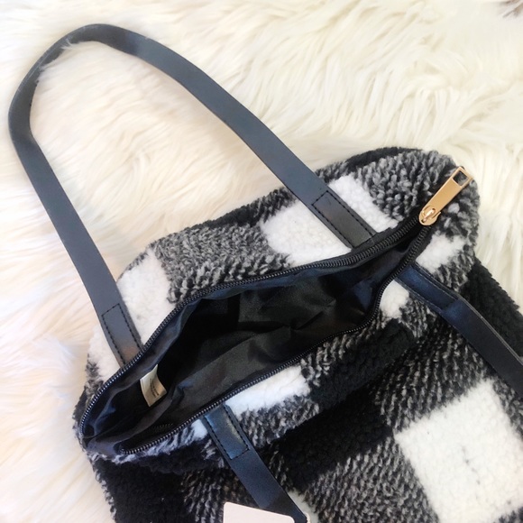 White Buffalo Plaid Sherpa Shoulder Bag Purse - Picture 5 of 5